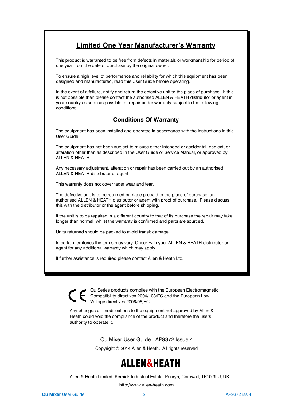 Allen & heath, Limited one year manufacturer’s warranty | Allen&Heath