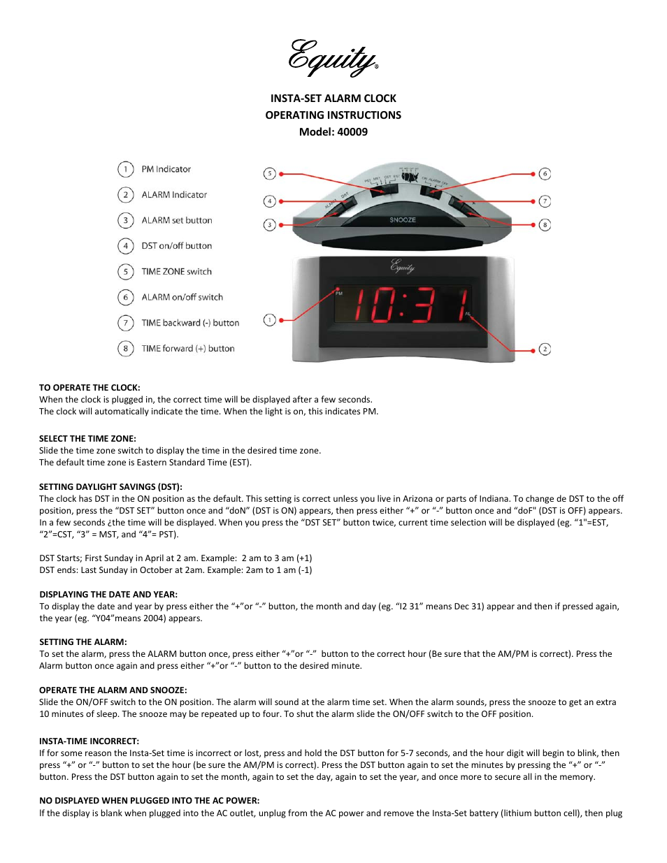 Equity by la crosse 40009 insta set digital alarm clock user manual 2