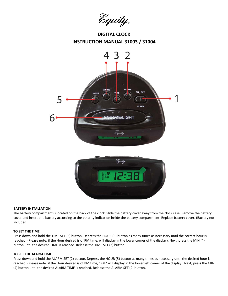 Equity 31003 3.5 Black Digital Alarm Clock 