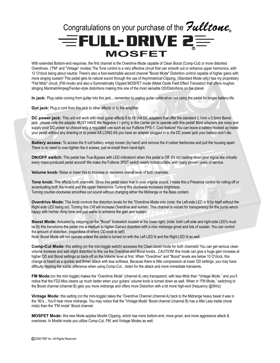 Fulltone Fulldrive2 Mosfet User Manual 2 Pages