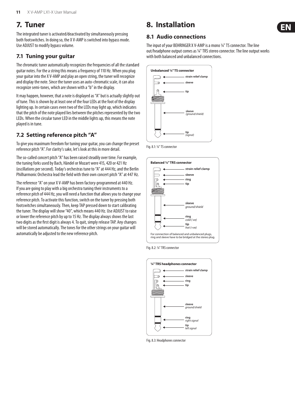 Tuner 1 Tuning Your Guitar 2 Setting Reference Pitch A Behringer Ultra Flexible Modeling Amp Multi Effects Processor With Integrated Expression Pedal X V Amp Lx1 X User Manual Page 11 14