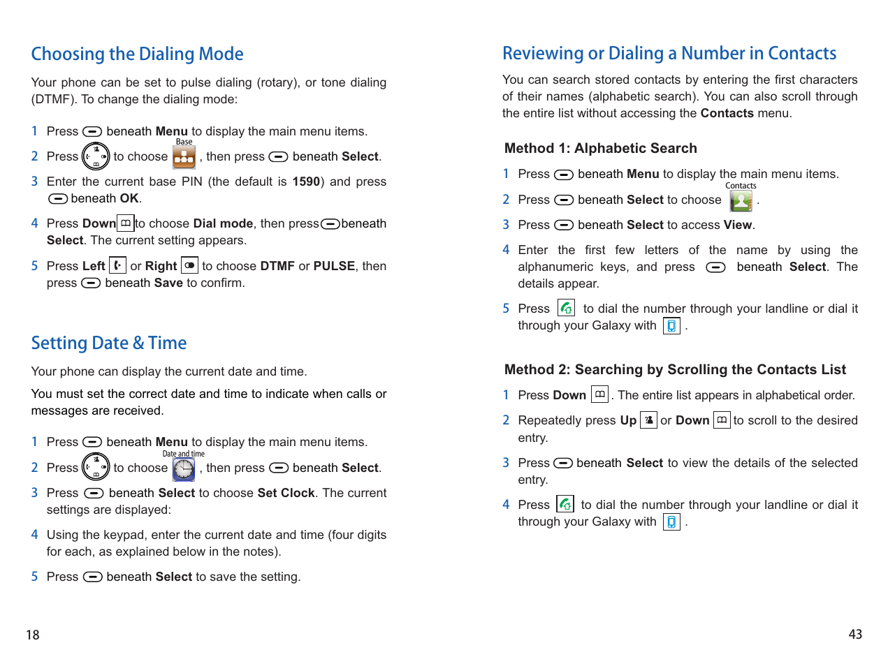 Choosing the dialing mode setting date & time, Reviewing or dialing a number in contacts | iCreation G-700 user vanual User Manual | Page 44 / 62