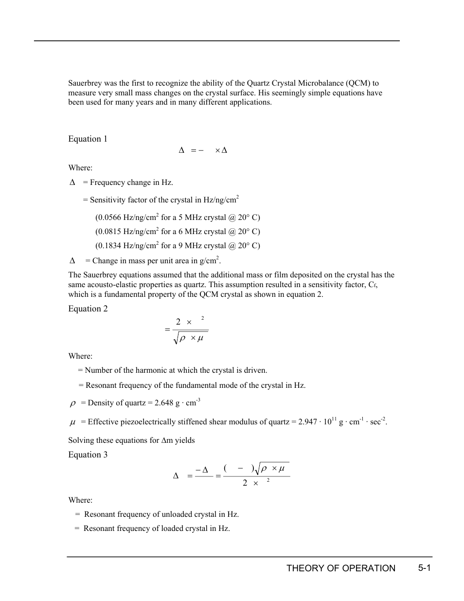 Theory of operation, Sauerbrey equation, Theory of operation -1 ...
