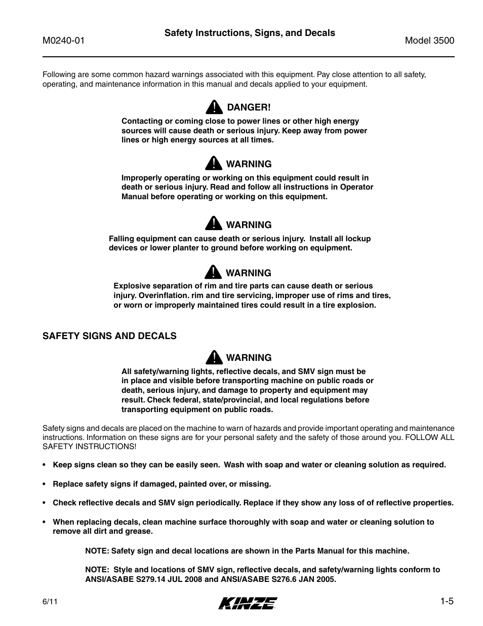Safety instructions, signs, and decals, Safety instructions, signs, and decals -5 | Kinze 3500 Lift and Rotate Planter Rev. 7/14 User Manual | Page 11 / 140