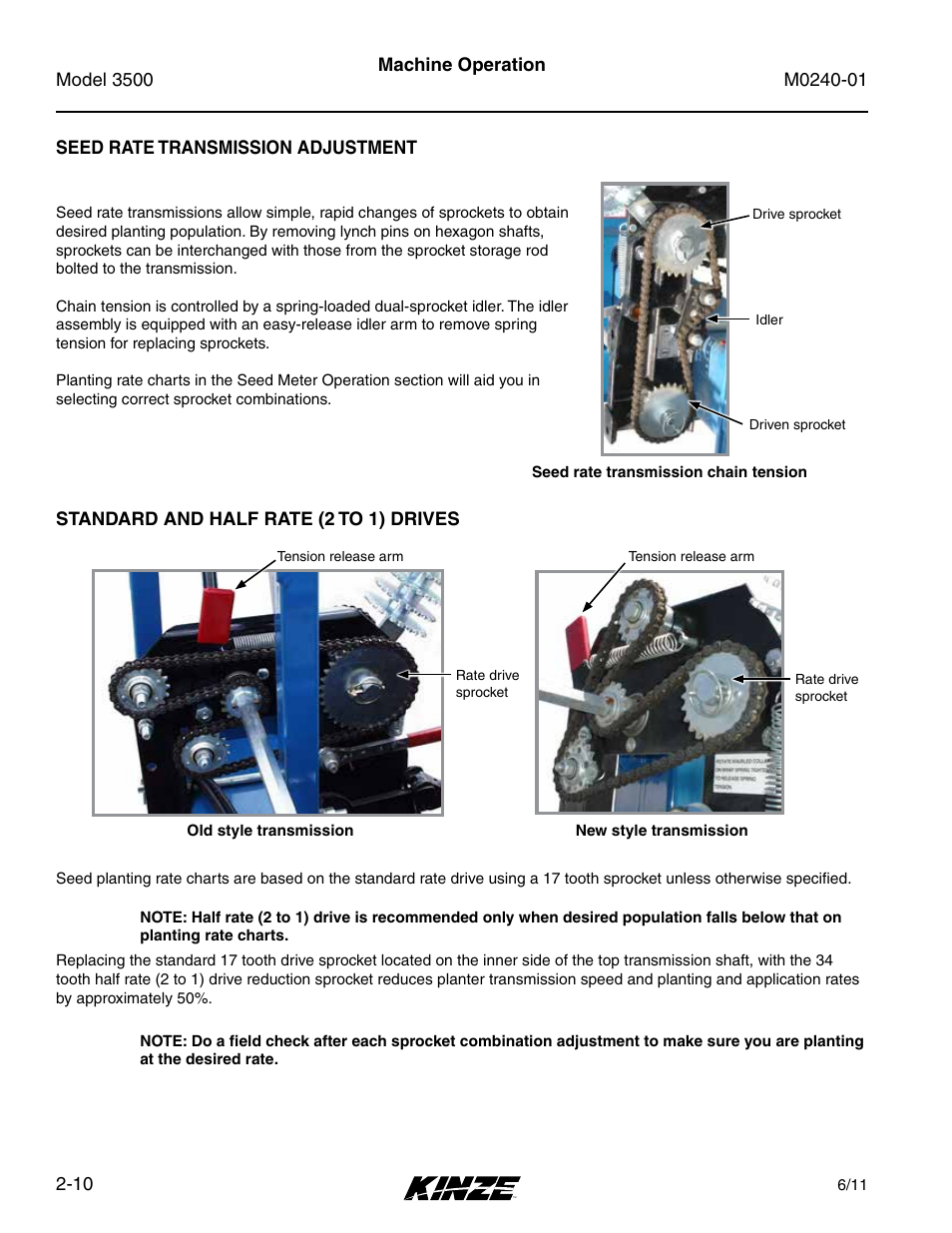 Seed rate transmission adjustment, Standard and half rate (2 to 1) drives, Seed rate transmission adjustment -10 | Standard and half rate (2 to 1) drives -10 | Kinze 3500 Lift and Rotate Planter Rev. 7/14 User Manual | Page 22 / 140