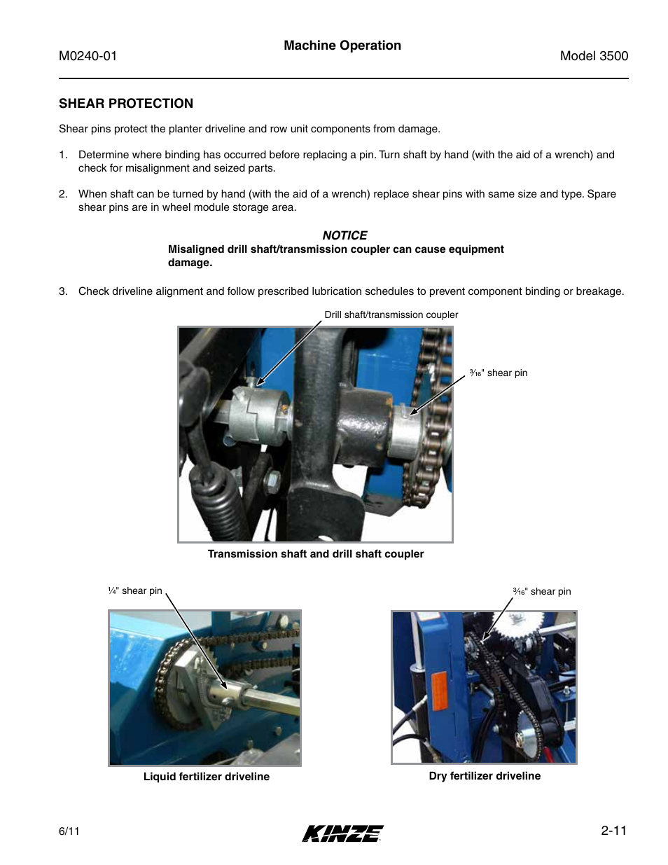 Shear protection, Shear protection -11 | Kinze 3500 Lift and Rotate Planter Rev. 7/14 User Manual | Page 23 / 140