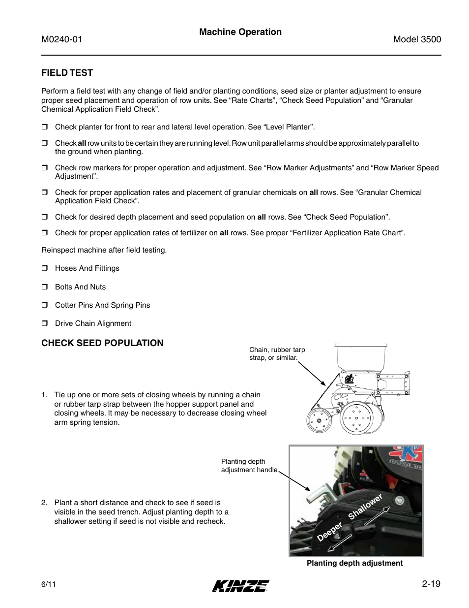 Field test, Check seed population, Field test -19 | Check seed population -19 | Kinze 3500 Lift and Rotate Planter Rev. 7/14 User Manual | Page 31 / 140