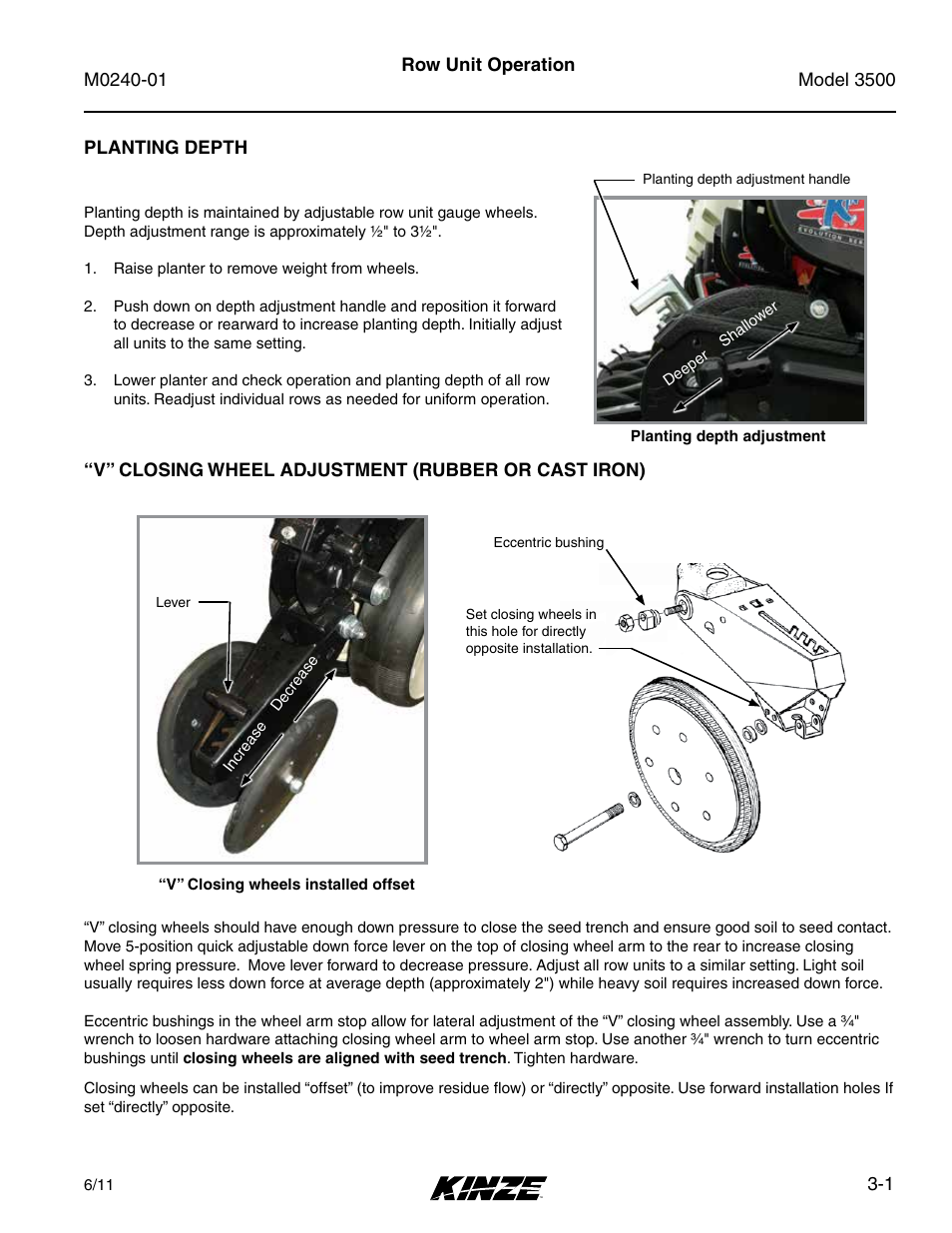 Row Unit Operation Planting Depth V Closing Wheel Adjustment Rubber Or Cast Iron Kinze 3500 Lift And Rotate Planter Rev 7 14 User Manual Page 35 140