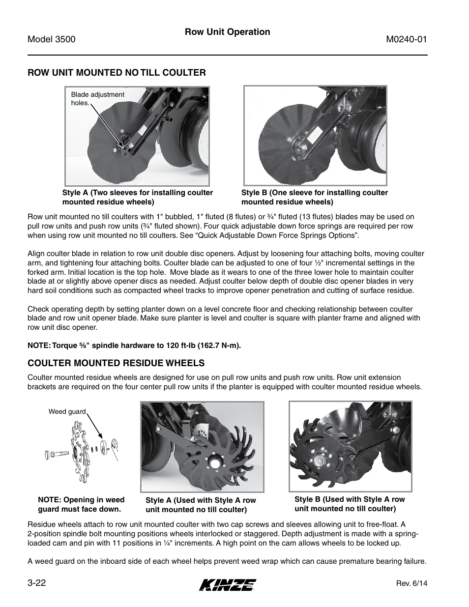 Row unit mounted no till coulter, Coulter mounted residue wheels, Row unit mounted no till coulter -22 | Coulter mounted residue wheels -22 | Kinze 3500 Lift and Rotate Planter Rev. 7/14 User Manual | Page 56 / 140