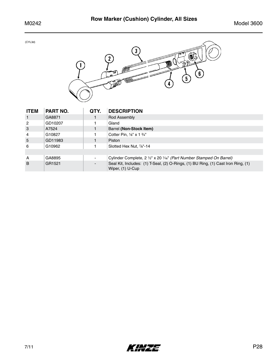 Row marker (cushion) cylinder, all sizes | Kinze 3600 Lift and Rotate Planter Rev. 6/14 User Manual | Page 31 / 40