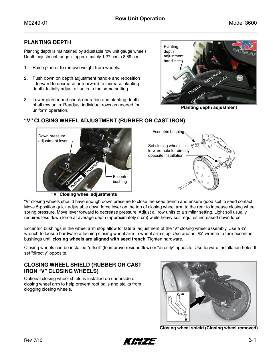 Row Unit Operation Planting Depth V Closing Wheel Adjustment Rubber Or Cast Iron Kinze 3600 Lift And Rotate Planter 70 Cm Rev 5 14 User Manual Page 49 158