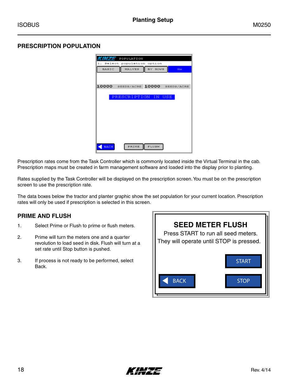 Prescription population, Prime and flush, Prescription population prime and flush | Seed meter flush | Kinze ISOBUS Electronics Package (4900) Rev. 4/14 User Manual | Page 22 / 60