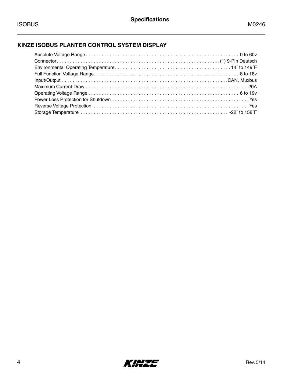 Specifications | Kinze ISOBUS Electronics Package (3000 Series) Rev. 5/14 User Manual | Page 10 / 46