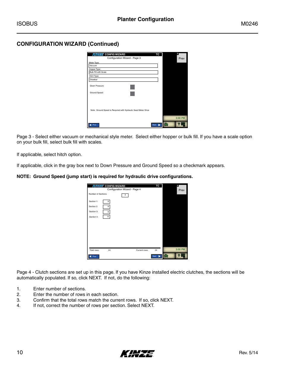 Configuration wizard (continued), Planter configuration, Rev. 5/14 | Kinze ISOBUS Electronics Package (3000 Series) Rev. 5/14 User Manual | Page 16 / 46