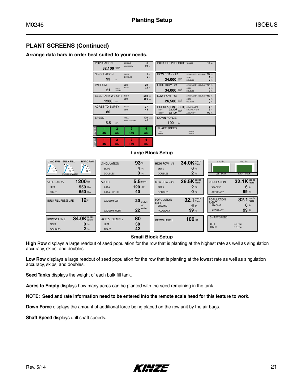 Isobus m0246, Plant screens (continued), Planting setup | Rev. 5/14, Large block setup small block setup | Kinze ISOBUS Electronics Package (3000 Series) Rev. 5/14 User Manual | Page 27 / 46