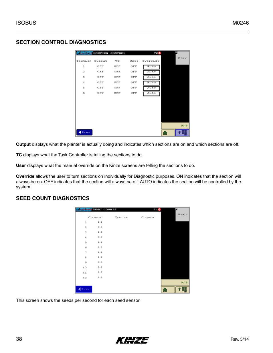Section control diagnostics, Seed count diagnostics, Section control diagnostics seed count diagnostics | Kinze ISOBUS Electronics Package (3000 Series) Rev. 5/14 User Manual | Page 44 / 46