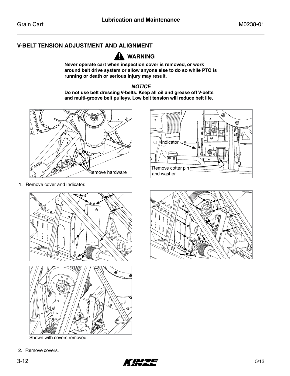 V-belt tension adjustment and alignment, V-belt tension adjustment and alignment -12 | Kinze Grain Carts Rev. 7/14 User Manual | Page 48 / 70