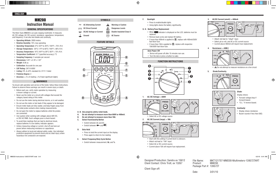 Mm200 instruction manual, English, Hf d g | Klein Tools MM200 User