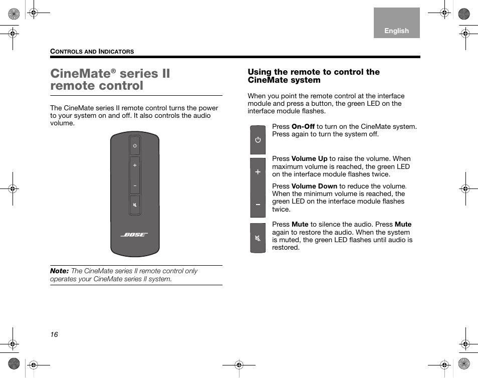 Using the remote to control the cinemate system, Cinemate, Series ii remote | Bose CineMate GS Series II User Manual | Page 18 / 124 | mode
