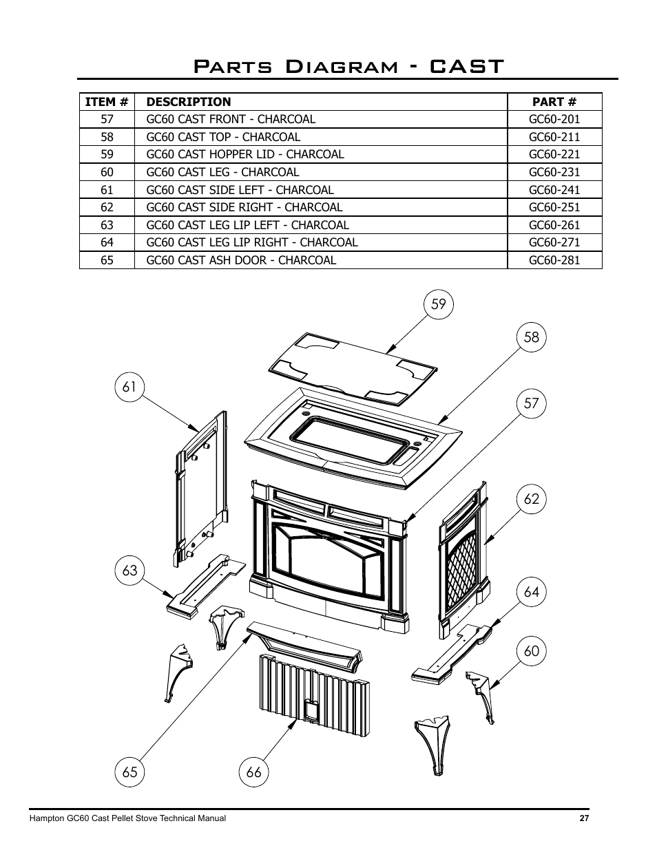 Parts diagram cast Regency Hampton GC60 Large Pellet Stove