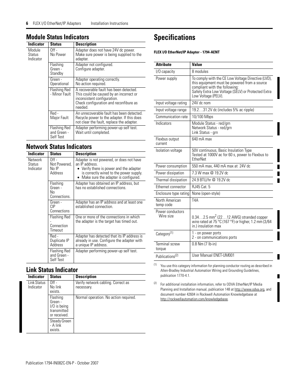 Specifications | Rockwell Automation 1794-AENT FLEX I/O EtherNet/IP