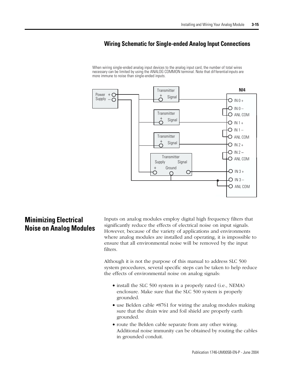Minimizing Electrical Noise On Analog Modules Wiring Schematic For Single Ended Analog Input Minimizing Electrical Noise On Analog Modules 15 Rockwell Automation 1746 Xxxx Slc 500 4 Channel Analog I O Modules User Manual User