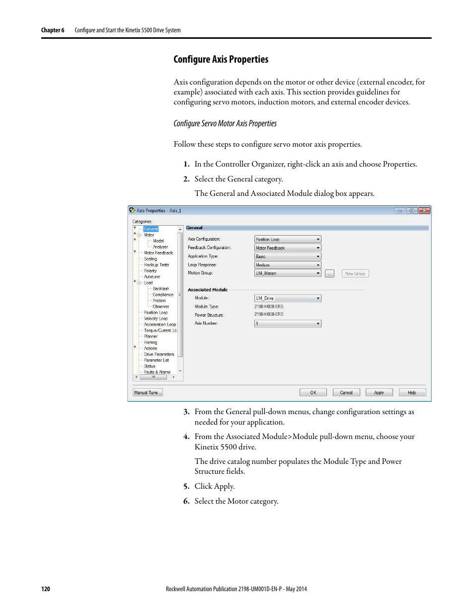 Configure axis properties, Configure servo motor axis properties