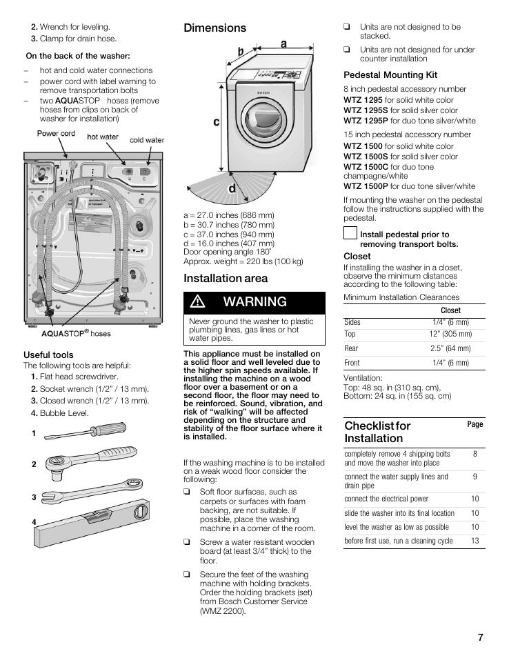 Warning Dimensions Installation Area Bosch Maxx 800 Series