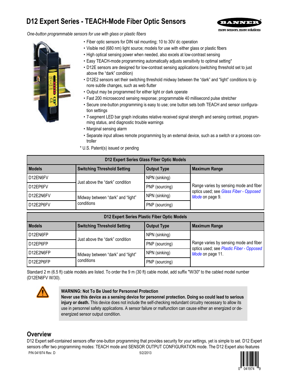Lot of 2 Details about   Banner D12EN6FP Photoelectric Fiber Optic Sensor 