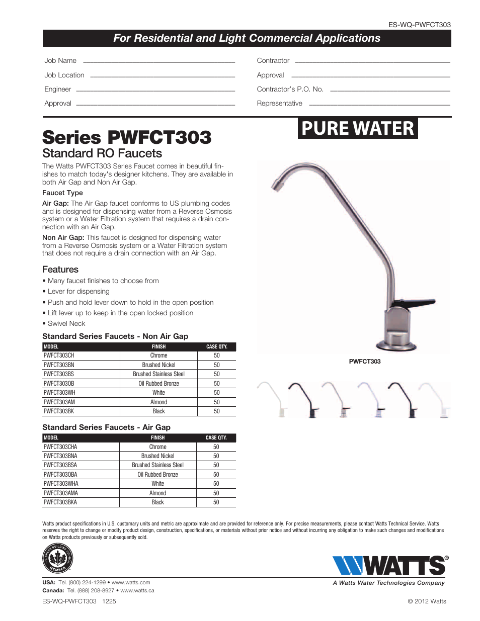 Watts Pwfct303 Non Air Gap User Manual 1 Page Also For