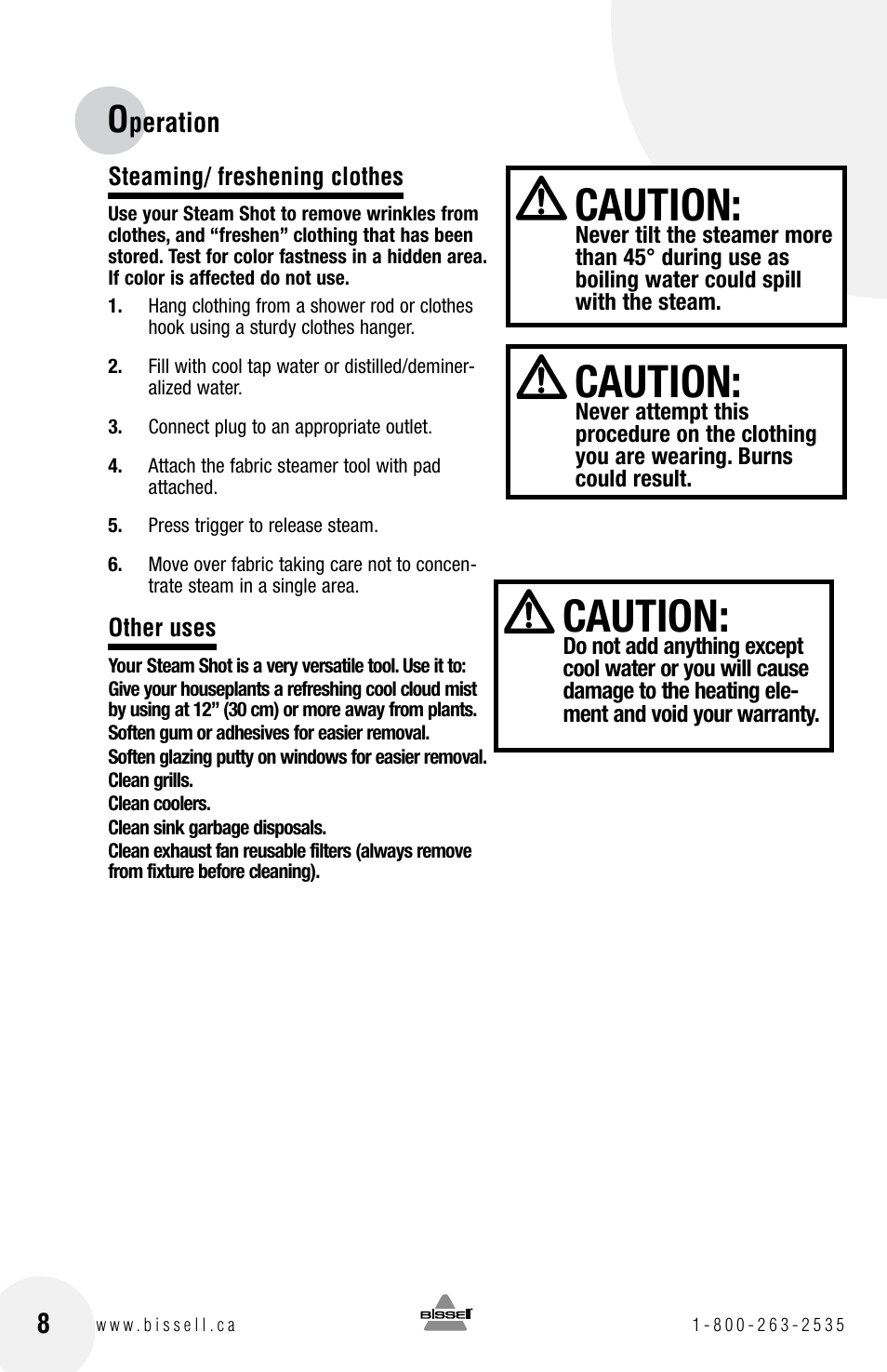 Caution | Bissell STEAM SHOT 39N7 User Manual | Page 8 / 12