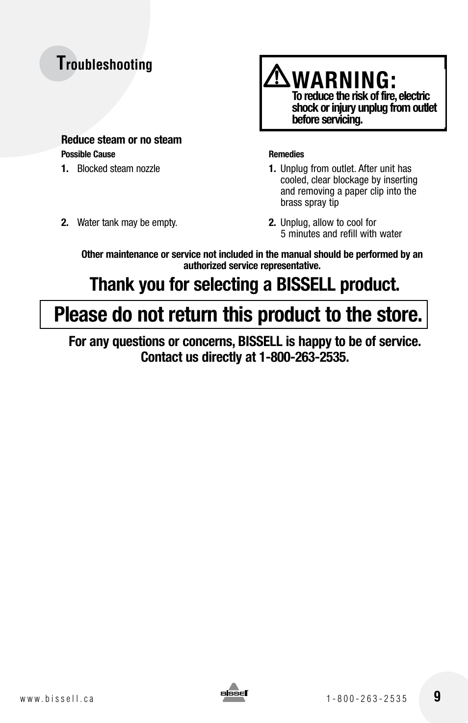 Warning, Please do not return this product to the store, Roubleshooting | Bissell STEAM SHOT 39N7 User Manual | Page 9 / 12
