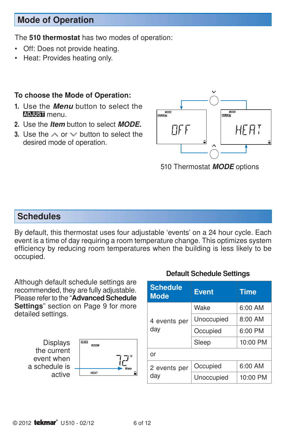 Schedules, Mode of operation | tekmar 511 Programmable Thermostat User
