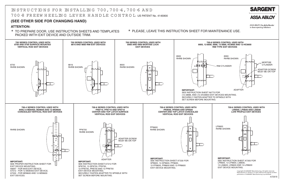 SARGENT 9900 Series Mortise Lock User Manual 2 pages Original mode