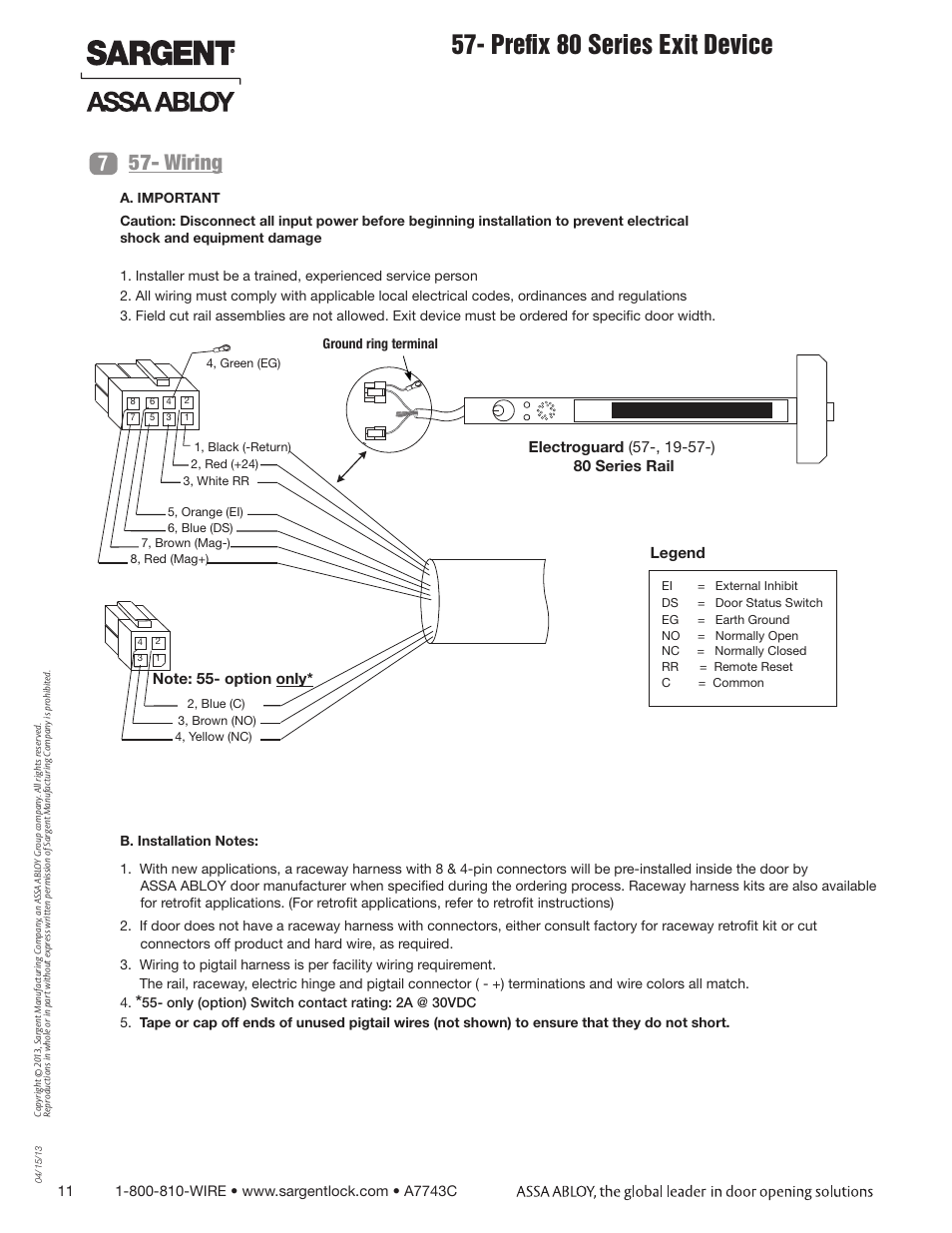 Prefix 80 series exit device, Wiring 7 | SARGENT 57 - Delayed Egress