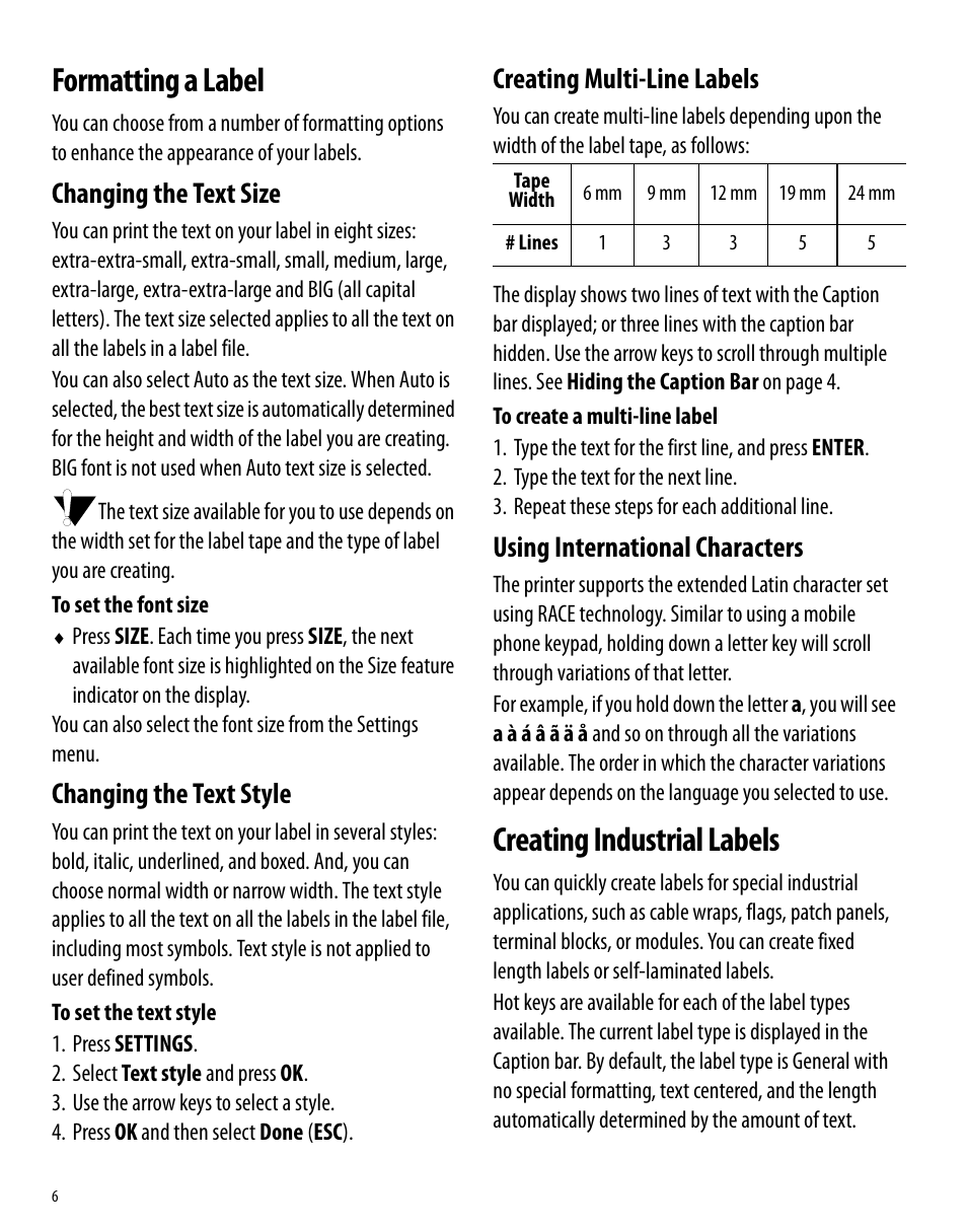 Formatting a label, Changing the size, Changing the text style | Dymo Rhino 6000 User Manual | Page 12 32