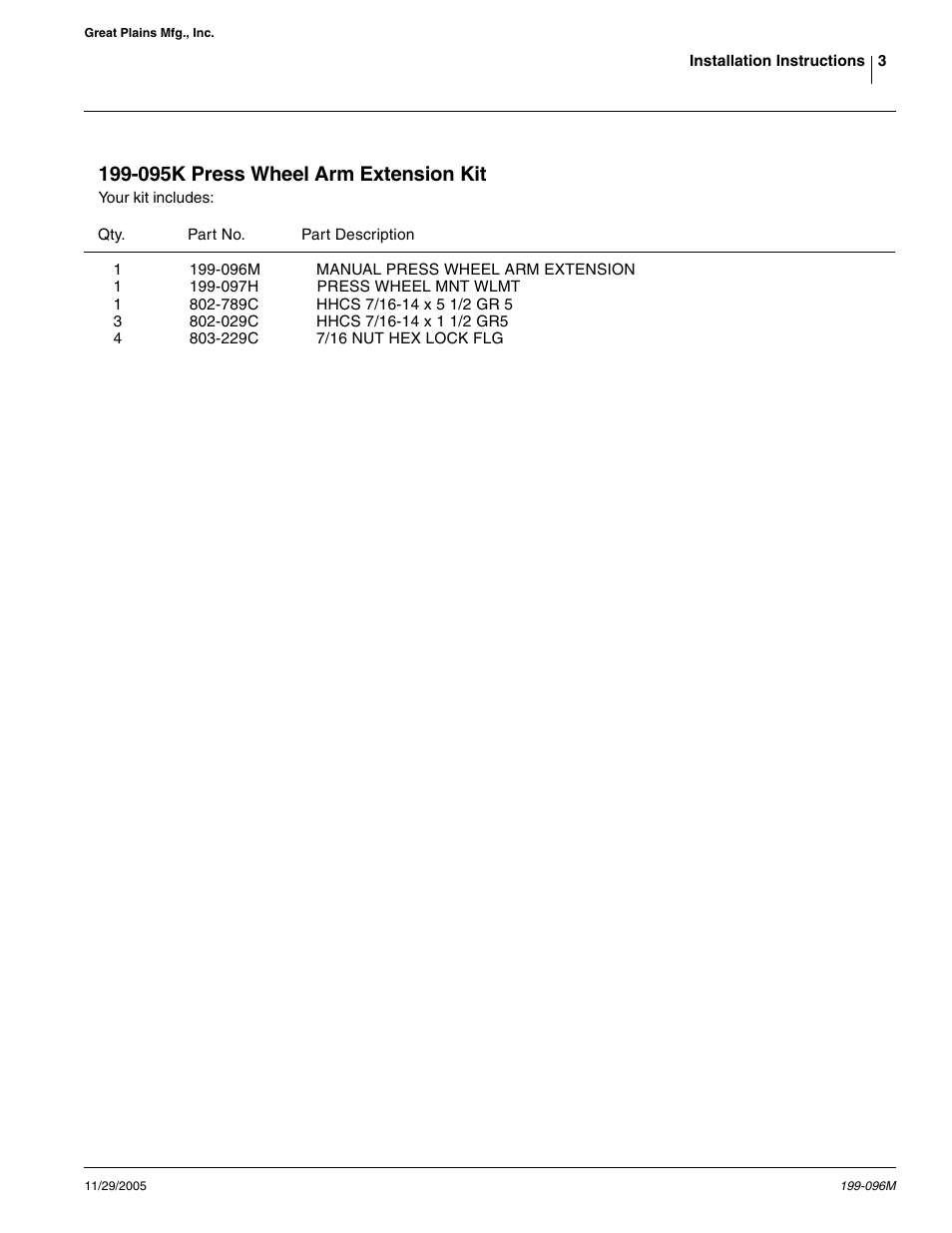 095k press wheel arm extension kit | Great Plains 20P 1x12 Press Wheel Arm Extension Kit User Manual | Page 3 / 3