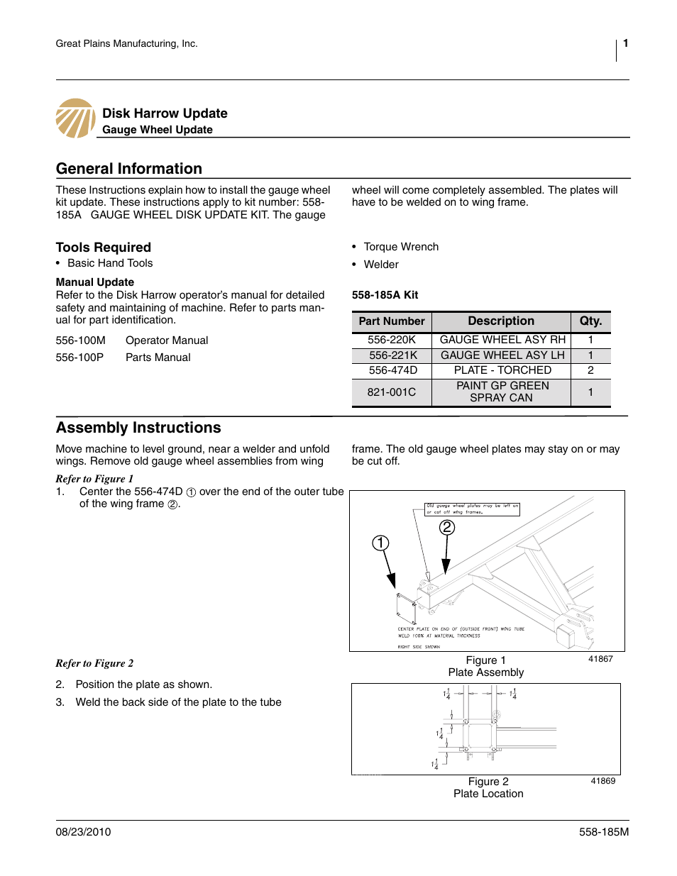 Great Plains Disk Harrow Update Gauge Wheel User Manual | 2 pages