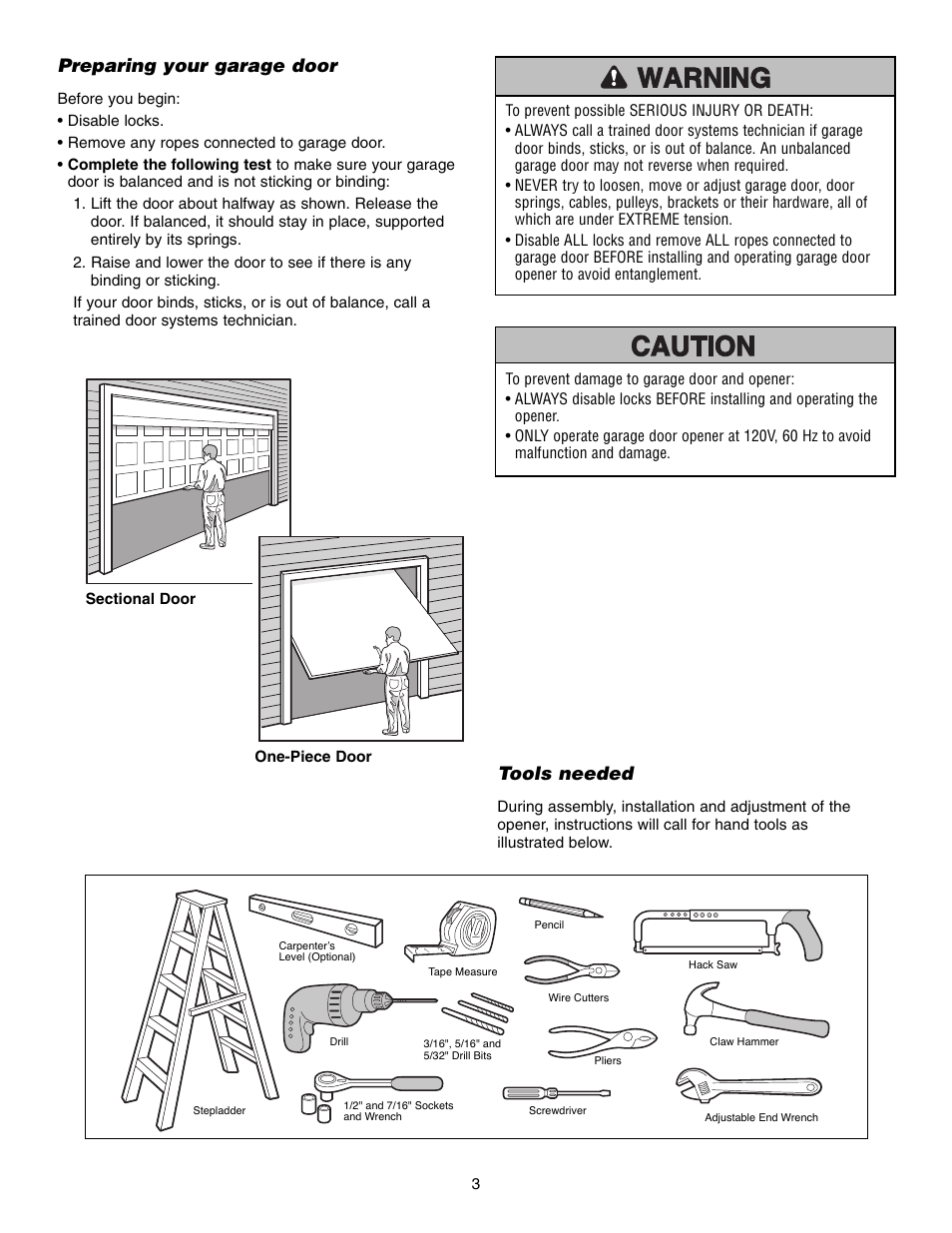 Preparing your garage door, Tools needed | Craftsman 315 SERIES 139