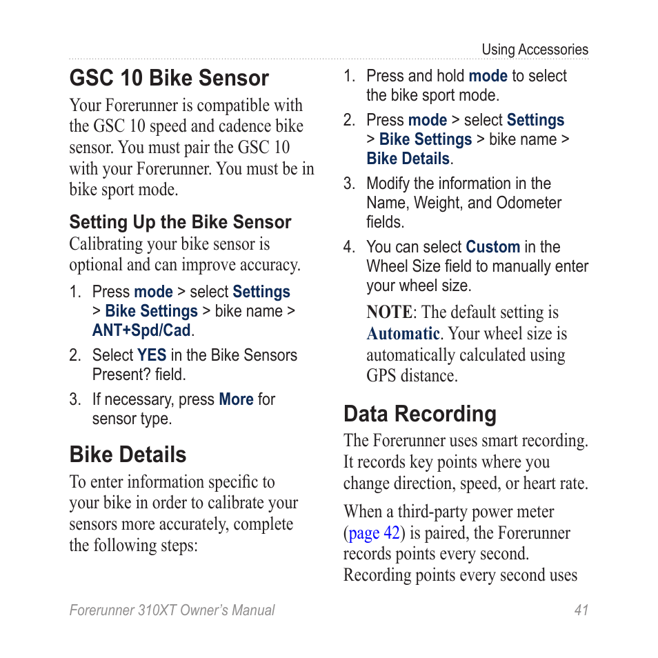 Gsc 10 bike sensor, Bike details, Data recording | Garmin Forerunner 310XT User Manual | Page 45 56