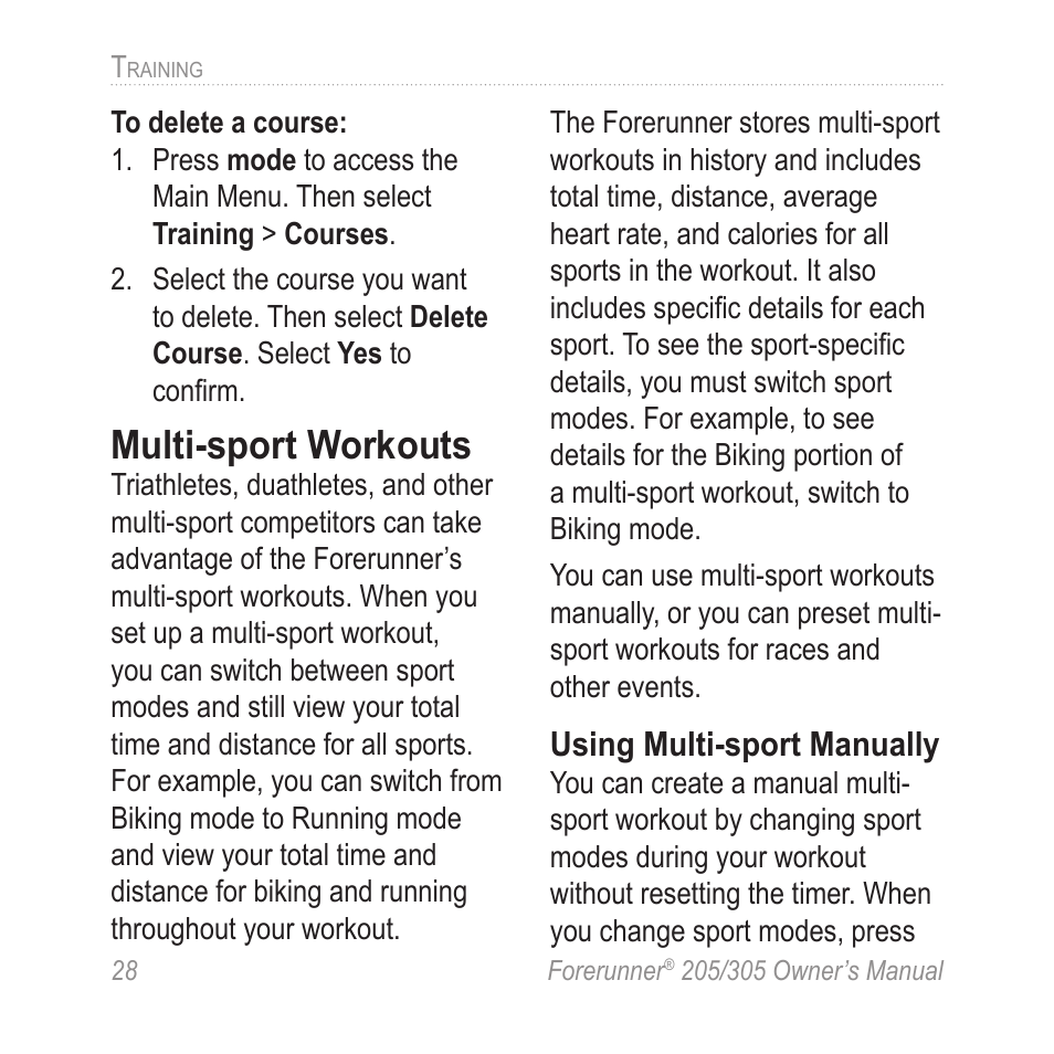 Multi-sport workouts | Forerunner 305 User Manual | Page 32 80