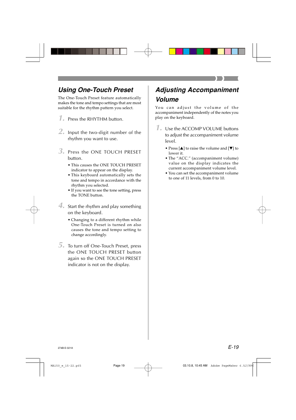 Using One Touch Preset Adjusting Accompaniment Volume Casio Ma 150 User Manual Page 21 43 Using One Touch Preset Adjusting Accompaniment Volume Casio Ma 150 User Manual Page 21 43