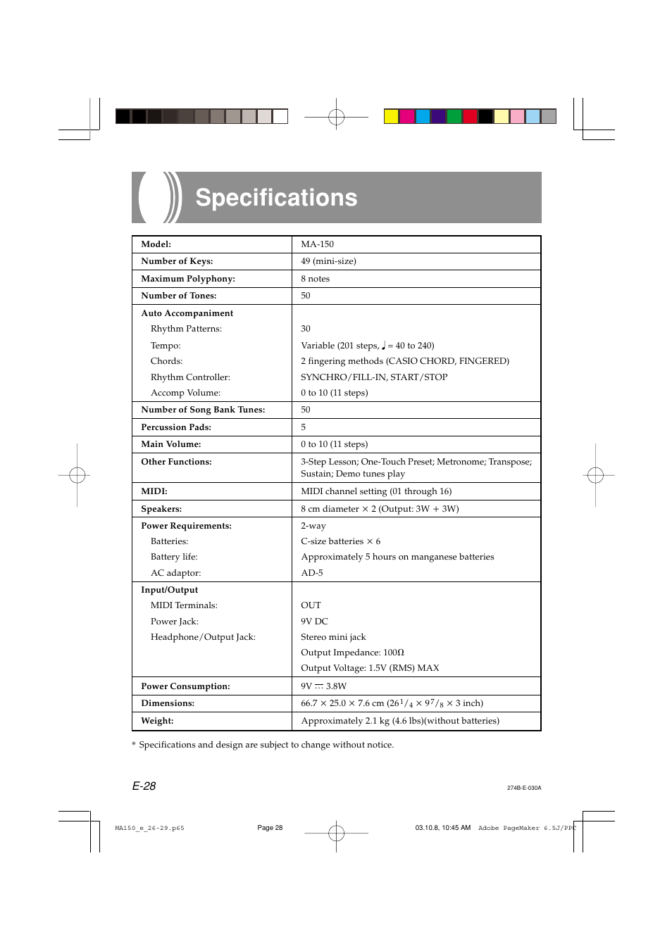 Specifications E 28 Casio Ma 150 User Manual Page 30 43 Specifications E 28 Casio Ma 150 User Manual Page 30 43