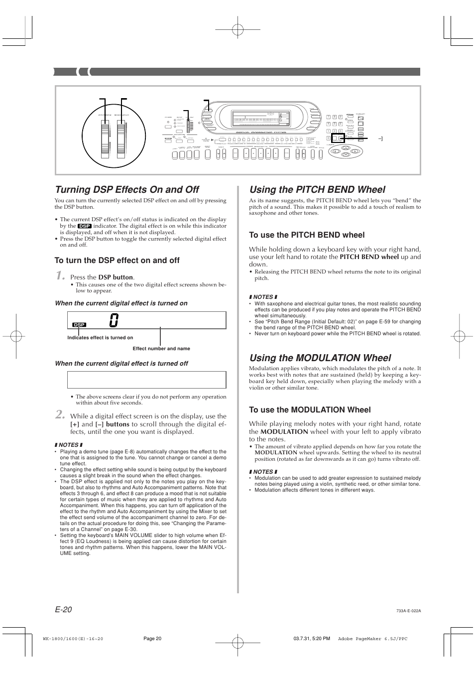 Using the pitch bend wheel, Using the modulation wheel, Turning dsp