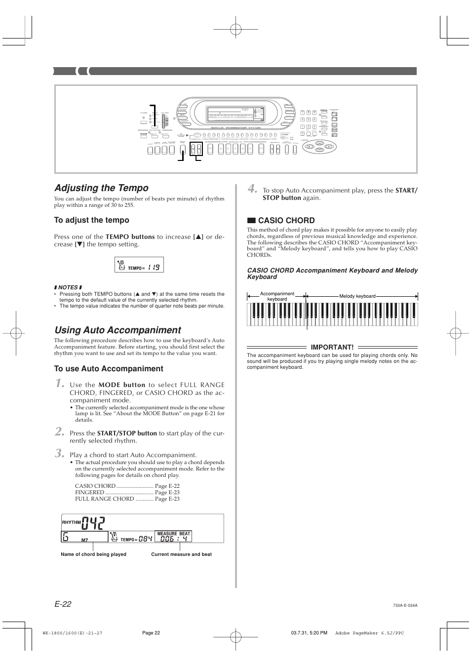 Adjusting the tempo, Using auto accompaniment, E-22 | Casio WK-1630