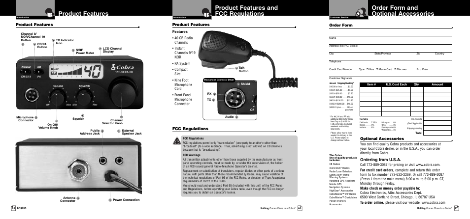 Order form and optional accessories, Product features and fcc