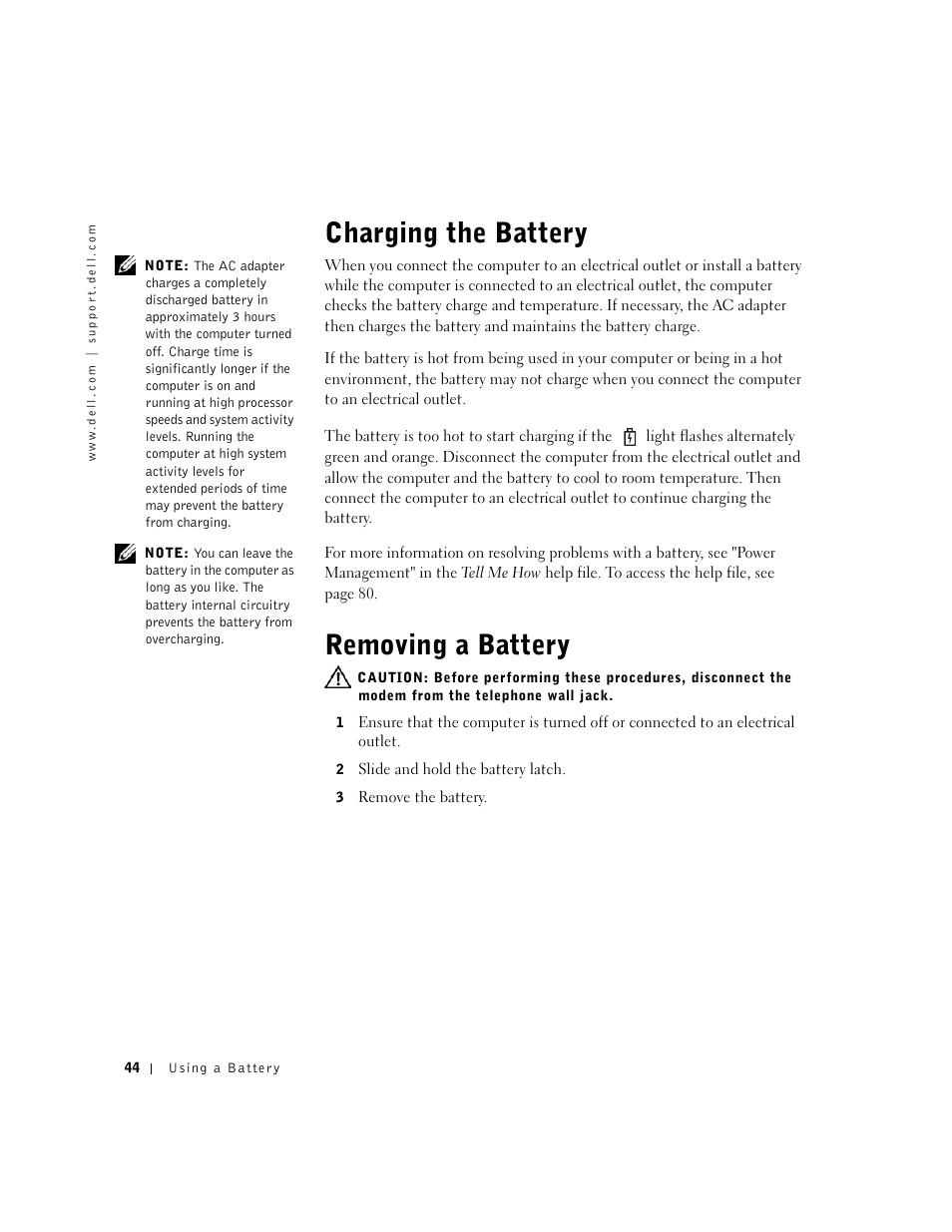 Charging the battery, Removing a battery, Charging the battery removing a  battery | Dell Inspiron 1100 User Manual | Page 44 / 164 | Original mode