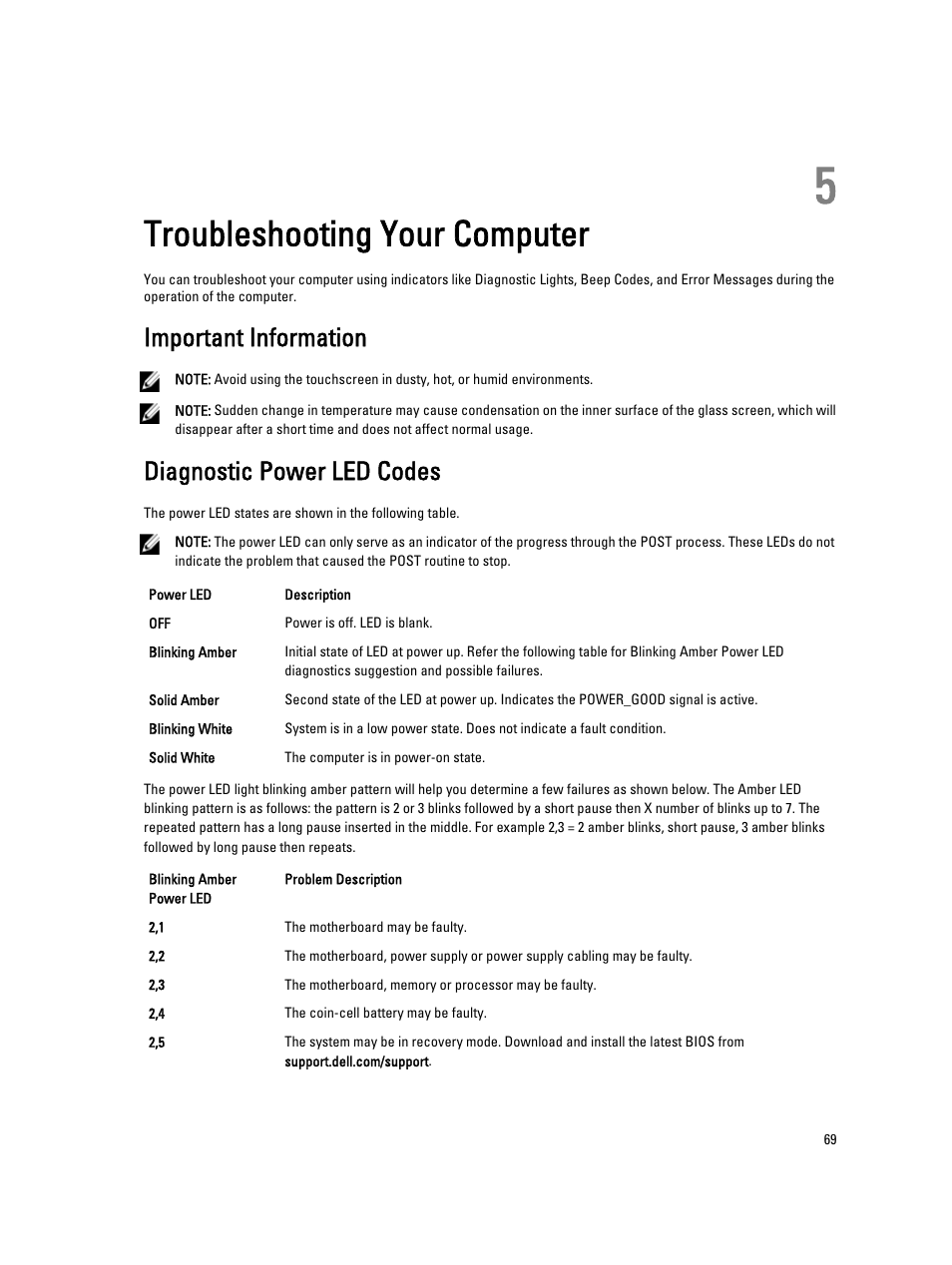 Troubleshooting your computer, Important information, Diagnostic power led  codes | Dell OptiPlex 9010 All In One (Mid 2012) User Manual | Page 69 / 79