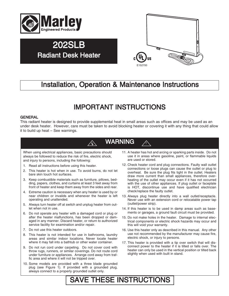 Qmark 202sl Radiant Plug In Under Desk Heater User Manual 6 Pages