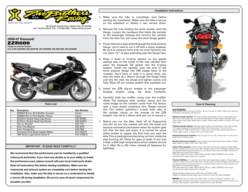 Two Brothers Racing Kawasaki ZZR Manual pages